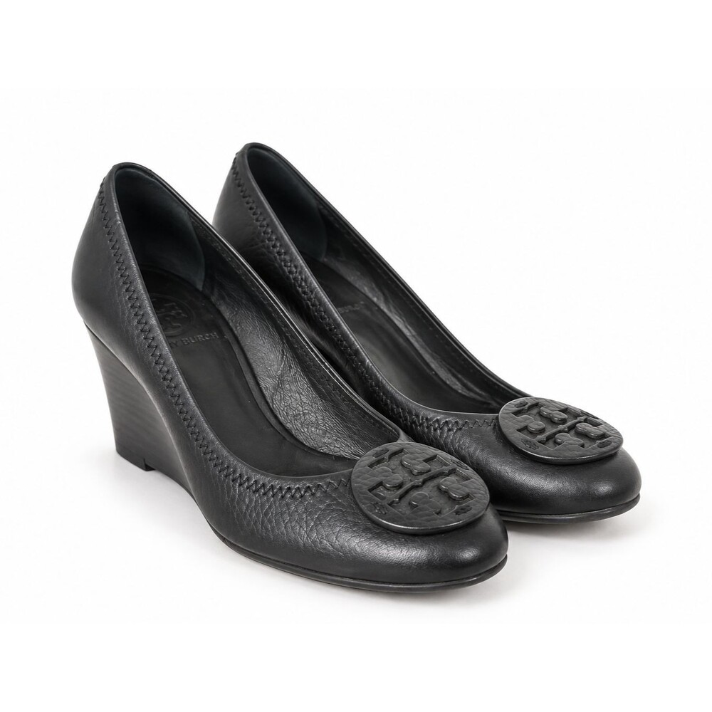Tory Burch Black Leather Wedge Pumps Women 7 Logo Heels Classic Preppy